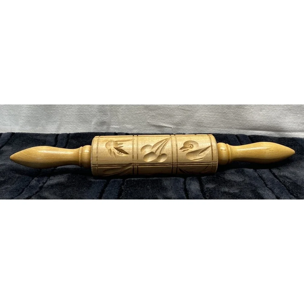 Vintage Carved Wooden Dough Rolling Pin Springerle Cookie Press 14